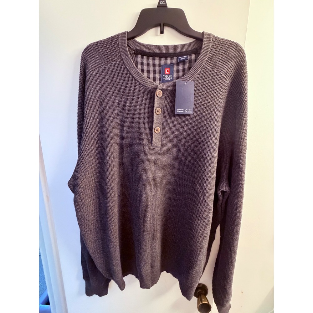 Chaps Mens XXL Gray Waffle Knit Henley Sweater Long Sleeve Cotton Blend NWT